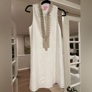 Lilly Pulitzer White Lace Dress With Gold Trim Size 6. Jane Shift Dress